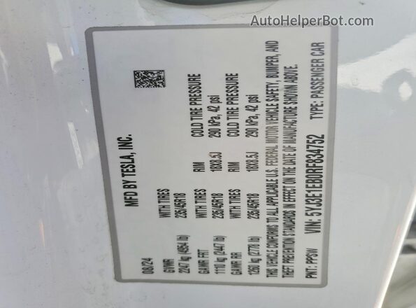 5YJ3E1EB0RF834752 2024 TESLA MODEL Белый Вид наклейки с VIN-кодом