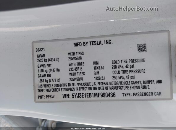 5YJ3E1EB1MF990436 2021 TESLA MODEL 3 Белый Вид подкапотного пространства