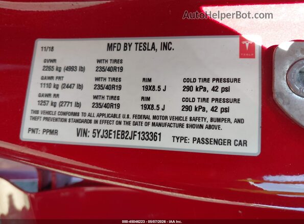 5YJ3E1EB2JF133361 2018 TESLA MODEL 3 Красный Вид подкапотного пространства