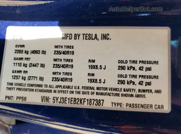 5YJ3E1EB2KF187387 2019 TESLA MODEL Синий Вид подкапотного пространства