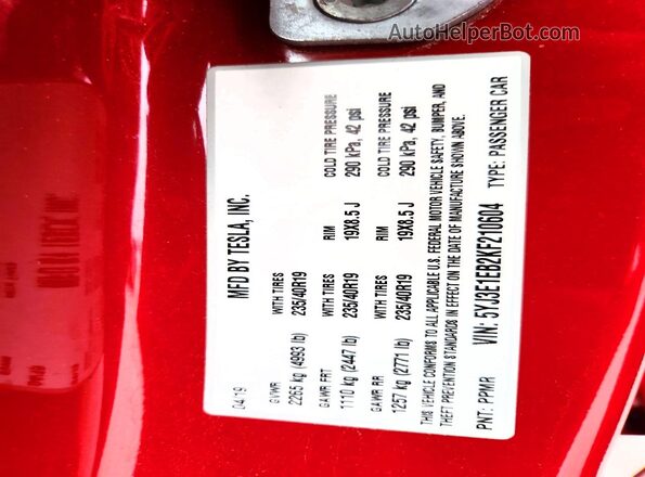 5YJ3E1EB2KF210604 2019 TESLA MODEL Red VIN კოდის სტიკერის ხედი