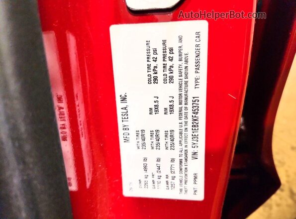 5YJ3E1EB2KF453751 2019 TESLA MODEL Красный Вид наклейки с VIN-кодом