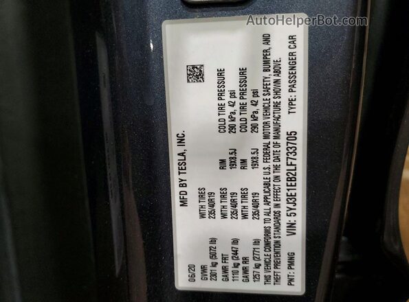 5YJ3E1EB2LF733705 2020 TESLA MODEL Gray Vista del compartimento del motor