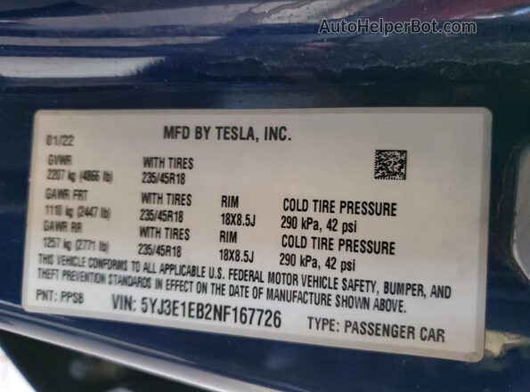 5YJ3E1EB2NF167726 2022 TESLA MODEL Синий Вид подкапотного пространства