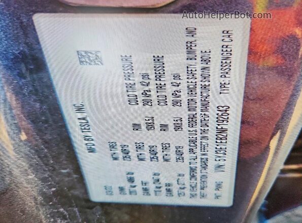 5YJ3E1EB2NF192643 2022 TESLA MODEL Серый Вид наклейки с VIN-кодом