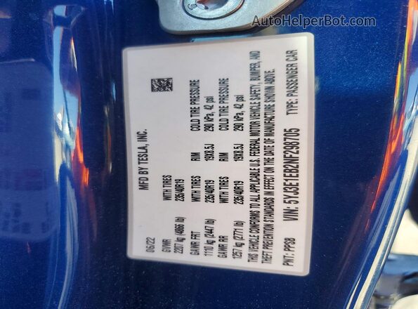 5YJ3E1EB2NF298705 2022 TESLA MODEL Blue Вид підкапотного простору