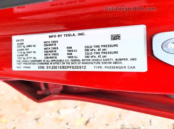 5YJ3E1EB2PF635912 2023 TESLA MODEL Красный Вид подкапотного пространства