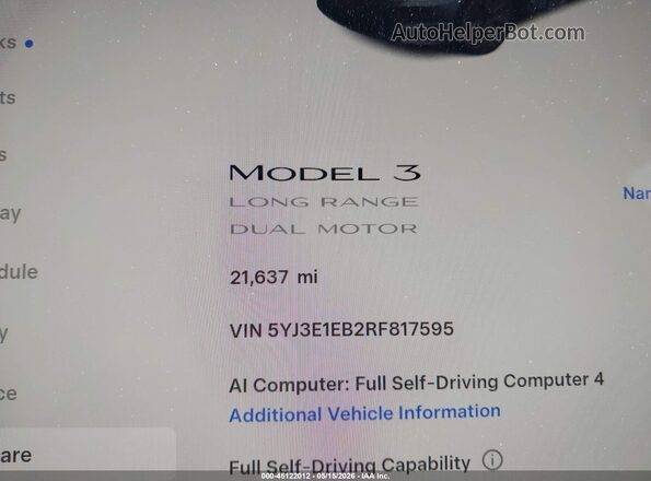 5YJ3E1EB2RF817595 2024 TESLA MODEL 3 Gray Widok tylnych siedzeń