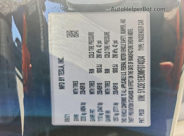 5YJ3E1EB3MF074034 2021 TESLA MODEL Угольный Вид подкапотного пространства