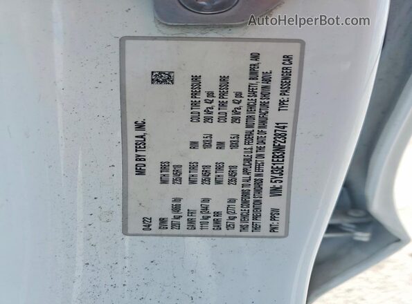 5YJ3E1EB3NF238741 2022 TESLA MODEL White Widok naklejki z numerem VIN
