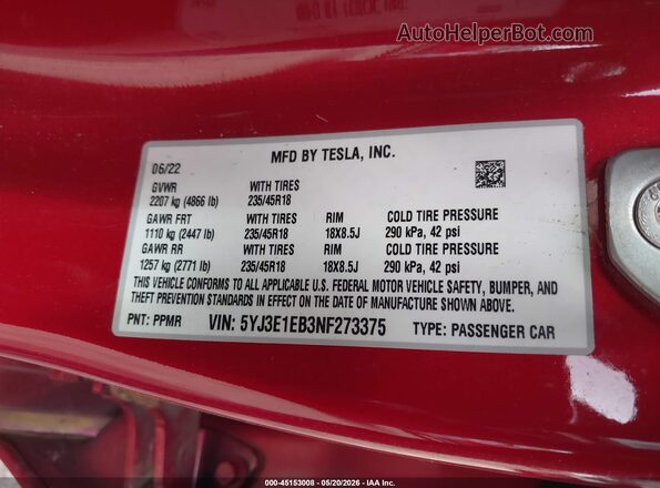 5YJ3E1EB3NF273375 2022 TESLA MODEL 3 Red Widok komory silnika