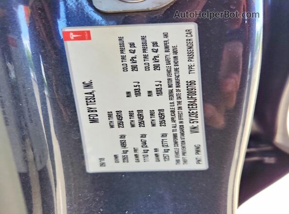 5YJ3E1EB4JF089766 2018 TESLA MODEL Charcoal Widok naklejki z numerem VIN