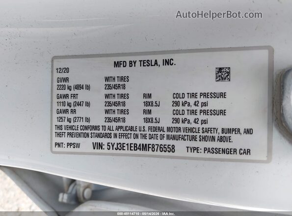 5YJ3E1EB4MF876558 2021 TESLA MODEL 3 White Vista del compartimento del motor