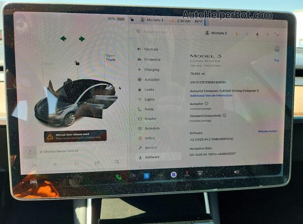 5YJ3E1EB5KF469281 2019 TESLA MODEL Угольный Вид щитка приборов