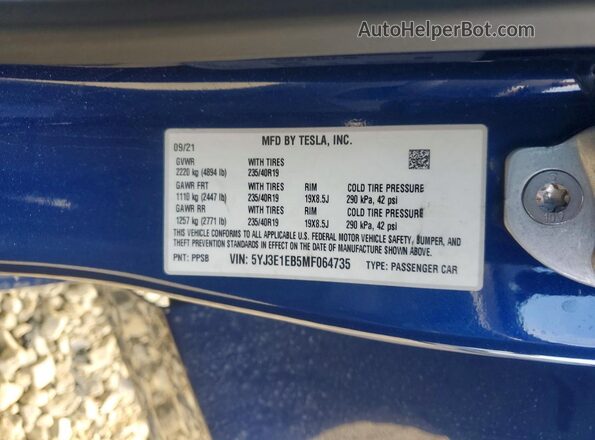5YJ3E1EB5MF064735 2021 TESLA MODEL Blue Vista del compartimento del motor