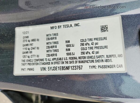 5YJ3E1EB5NF123767 2022 TESLA MODEL Charcoal Engine compartment view