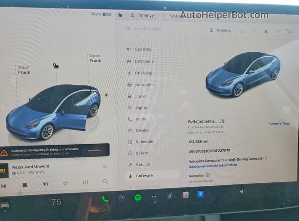 5YJ3E1EB5NF227076 2022 TESLA MODEL Белый Вид щитка приборов