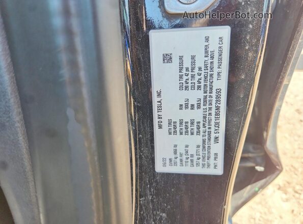 5YJ3E1EB5NF289593 2022 TESLA MODEL Black Widok naklejki z numerem VIN