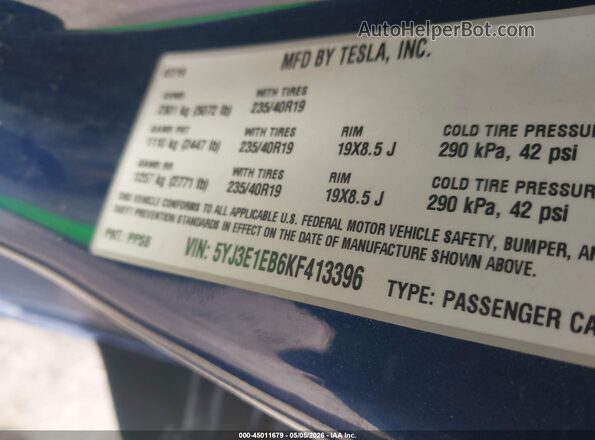 5YJ3E1EB6KF413396 2019 TESLA MODEL 3 Синий Вид подкапотного пространства