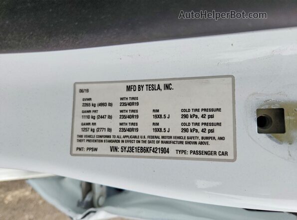 5YJ3E1EB6KF421904 2019 TESLA MODEL Белый Вид наклейки с VIN-кодом