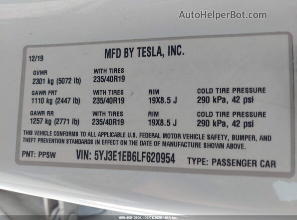 5YJ3E1EB6LF620954 2020 TESLA MODEL 3 Белый Вид подкапотного пространства