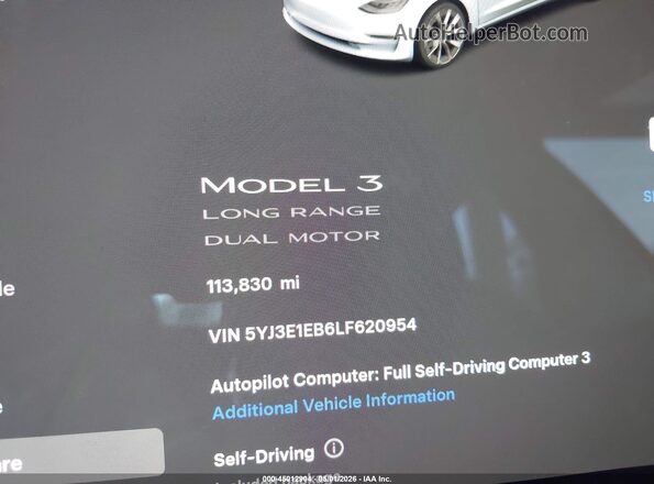 5YJ3E1EB6LF620954 2020 TESLA MODEL 3 Белый 