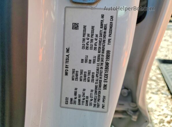 5YJ3E1EB6NF199899 2022 TESLA MODEL Белый Вид наклейки с VIN-кодом