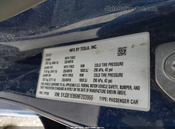 5YJ3E1EB6NF203966 2022 TESLA MODEL 3 Синий Вид подкапотного пространства