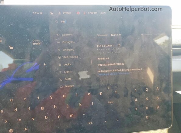5YJ3E1EB6RF718522 2024 TESLA MODEL Blue ხელსაწყოთა პანელის ხედი