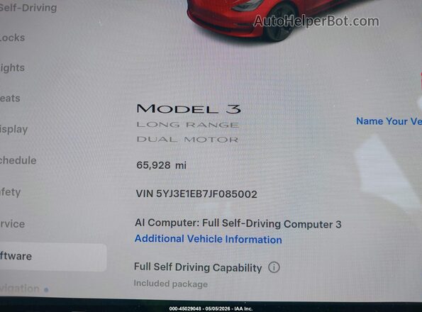 5YJ3E1EB7JF085002 2018 TESLA MODEL 3 Красный Вид задних сидений