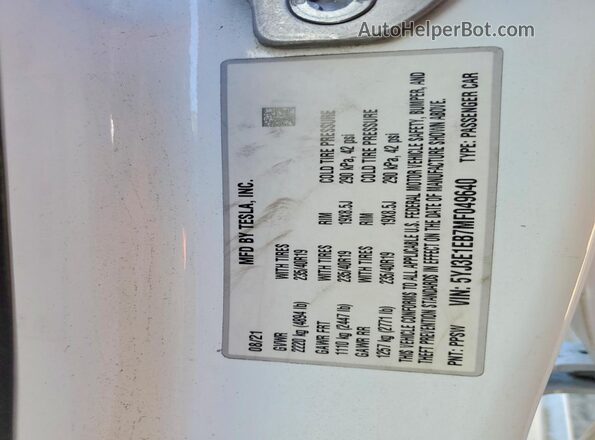 5YJ3E1EB7MF049640 2021 TESLA MODEL Белый Вид подкапотного пространства