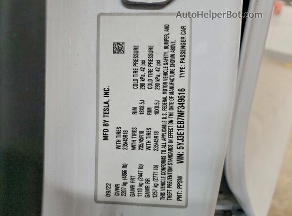 5YJ3E1EB7NF349616 2022 TESLA MODEL White ძრავის განყოფილების ხედი