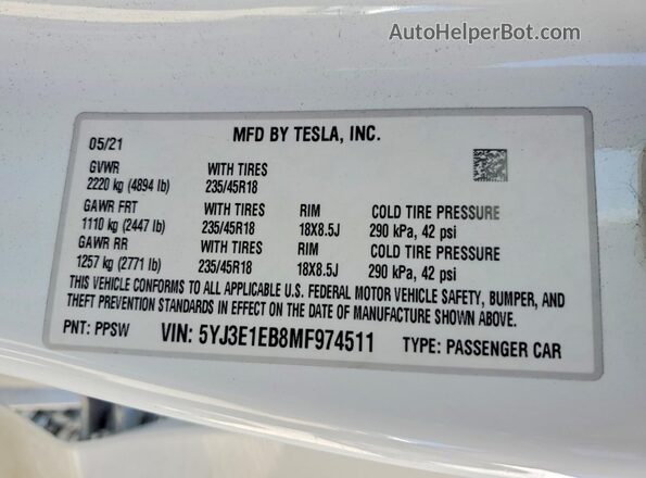 5YJ3E1EB8MF974511 2021 TESLA MODEL White Widok wnętrza 360 stopni