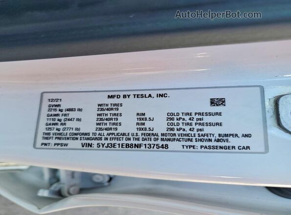 5YJ3E1EB8NF137548 2022 TESLA MODEL Белый Вид подкапотного пространства