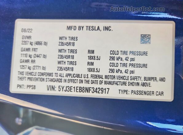 5YJ3E1EB8NF342917 2022 TESLA MODEL Синий Вид наклейки с VIN-кодом