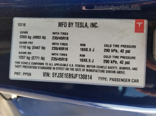 5YJ3E1EB9JF130814 2018 TESLA MODEL Синий Вид подкапотного пространства