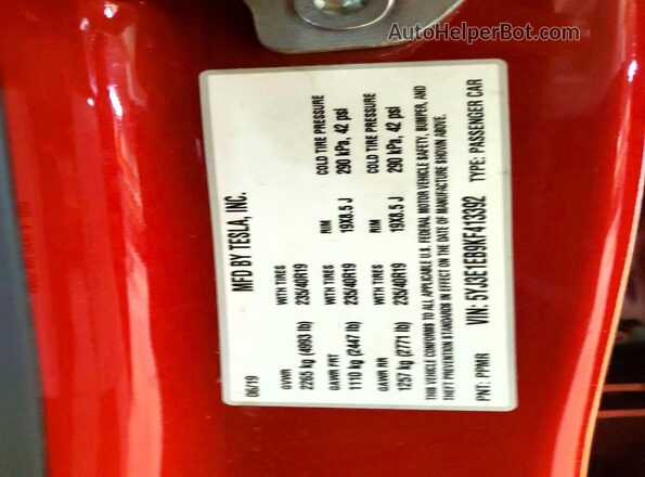 5YJ3E1EB9KF413392 2019 TESLA MODEL Red Vista del compartimento del motor