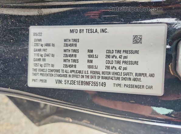 5YJ3E1EB9NF265149 2022 TESLA MODEL Черный Вид наклейки с VIN-кодом