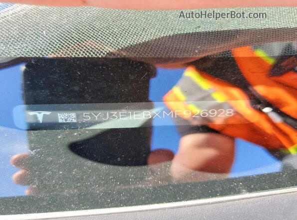 5YJ3E1EBXMF926928 2021 TESLA MODEL Blue Widok naklejki z numerem VIN