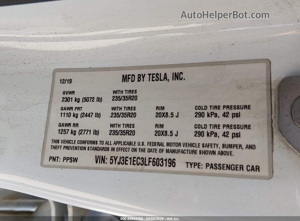 5YJ3E1EC3LF603196 2020 TESLA MODEL 3 Белый Вид подкапотного пространства