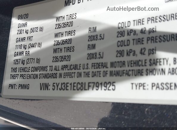 5YJ3E1EC8LF791925 2020 TESLA MODEL 3 Серый Вид подкапотного пространства