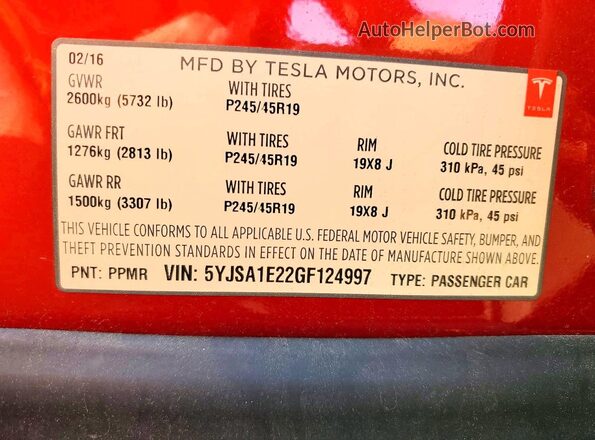 5YJSA1E22GF124997 2016 TESLA MODEL Red Engine compartment view