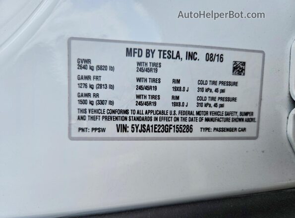 5YJSA1E23GF155286 2016 TESLA MODEL Белый Вид наклейки с VIN-кодом