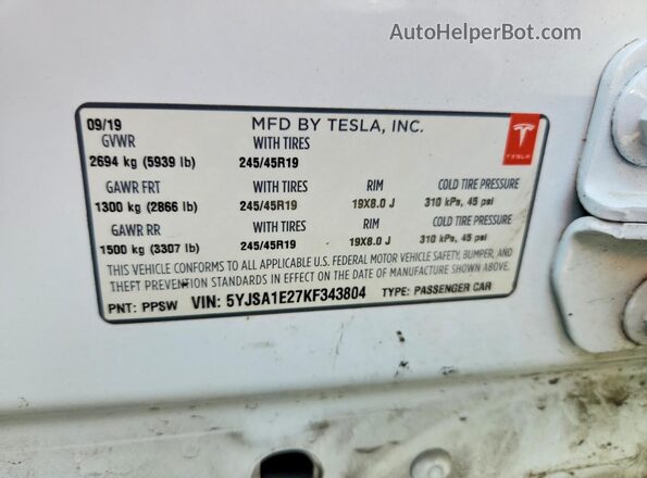 5YJSA1E27KF343804 2019 TESLA MODEL Белый Панорамный вид салона 360°