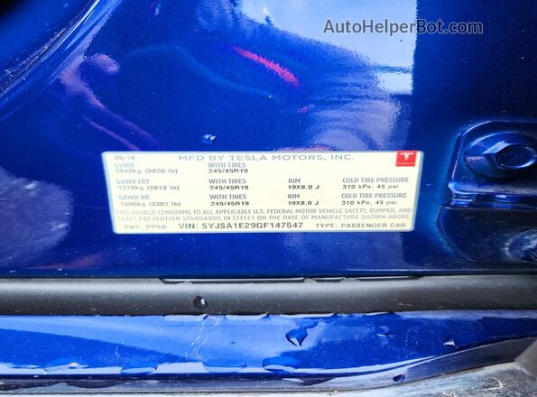 5YJSA1E29GF147547 2016 TESLA MODEL Синий Вид наклейки с VIN-кодом