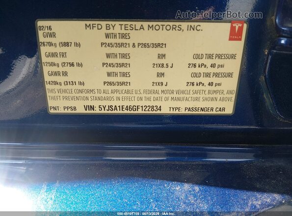 5YJSA1E46GF122834 2016 TESLA MODEL S Синий Вид подкапотного пространства