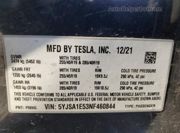 5YJSA1E53NF460844 2022 TESLA MODEL Угольный Вид подкапотного пространства