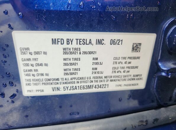 5YJSA1E63MF434221 2021 TESLA MODEL Blue Widok komory silnika