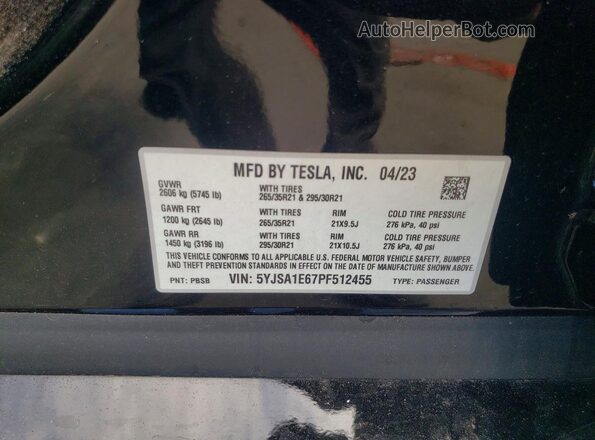 5YJSA1E67PF512455 2023 TESLA MODEL Black Widok naklejki z numerem VIN