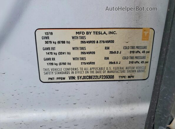 5YJXCBE22LF239308 2020 TESLA MODEL White VIN sticker view